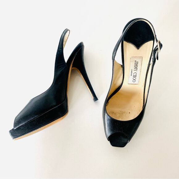 JIMMY CHOO Classic Black Leather Open Peep Toe Heeled Slingback Sandals Shoes 38 - Picture 8 of 16